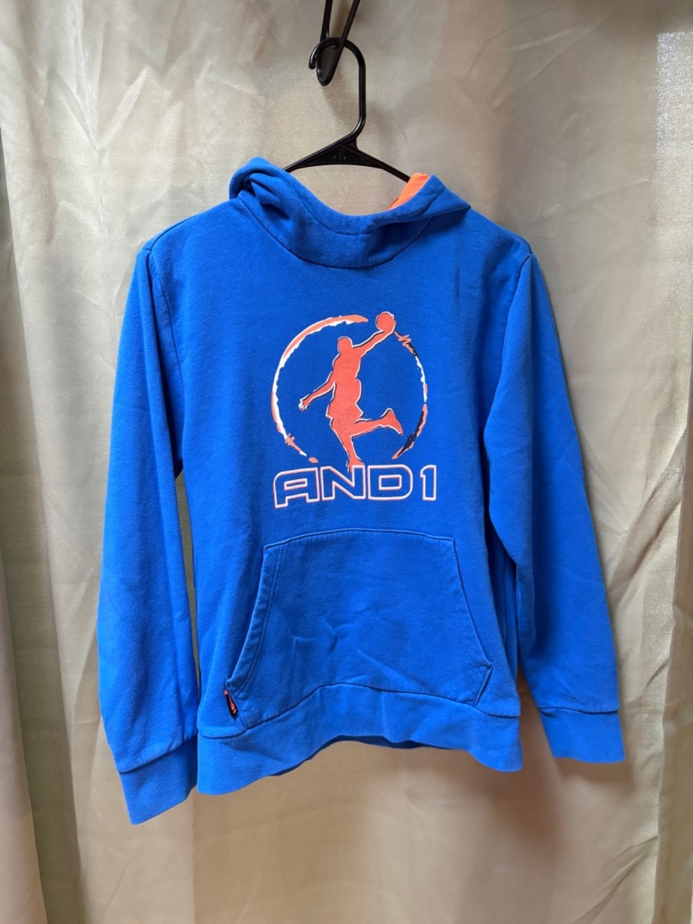 AND1 Youth XL Blue Basketball Hoodie Orange Logo Athletic Pullover